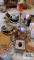 Lot of vanity mirrors, brass and copper lamp, candle holders, etc