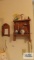 Wooden wall shelf with hanging note board, salt and pepper shakers, Mark Twain Manor souvenir and