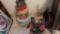 Lot of decorative boxes, composite wall shelf, plate holder, wooden magazine basket and florals
