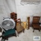 Roll about office chair, wooden wall shelves, lot of two fans, wooden chairs and stainless steel