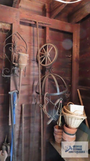Antique tools, metal pan hanger, etc