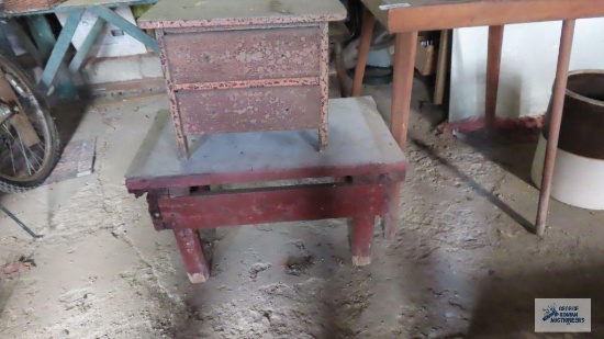 Rustic bench, children's two drawer stool, and wooden table