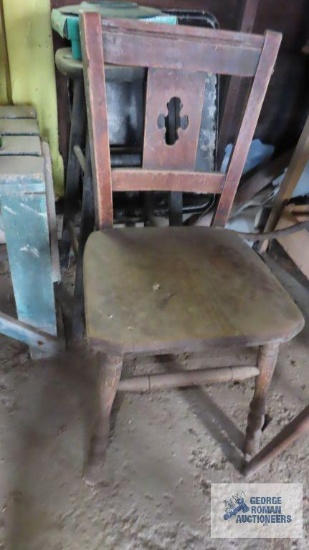 Rustic bench,...black stool, and wooden chair