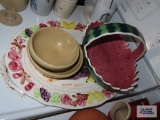 Turkey platter, watermelon basket and R. R. P. Company mixing bowls
