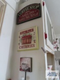 Coffee shop sign, cherries wall hanging and coffee wall hanging and antique basket