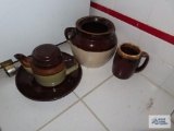 Brownware teapot, platter and etc
