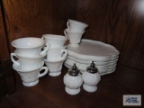 Milk glass luncheon set and salt and pepper shakers