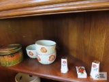 Halls dishes, floral salt and pepper shakers and tin