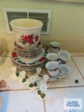 Tienshan...Deck The Halls pattern China service for 8....candle holders and bowl/vase.