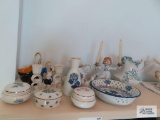 Lot of figurine candle holders, pitcher by Upper Manly, floral bowl, Lenox trinket box, etc