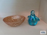 Carnival glass bowl and glass bird figurine