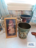 Decorative metal wastebaskets, magazine basket, and wall hanging