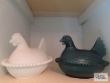 Two glass hen on nests