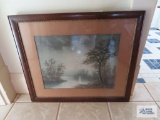 Antique lake scene print in oak frame