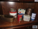 Assorted tins and brass planter