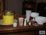 Milk glass candy dishes, candle, etc