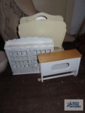 Wooden magazine racks, spice organizer, paper towel holder and wooden step stool