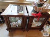 Lot of two fruitwood end tables with glass inserts. The tops need refinished
