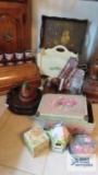 Lot of wooden and decorative items including breadbox, magazine rack, wooden tray, candle sconces,