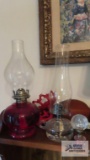 Lot of oil lamps and antique oil lamp hanger