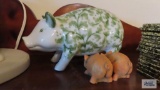 Floral piggy bank and two pig figurines made in Italy