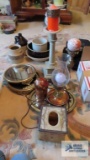 Lot of vanity mirrors, brass and copper lamp, candle holders, etc
