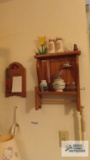 Wooden wall shelf with hanging note board, salt and pepper shakers, Mark Twain Manor souvenir and