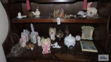 Lot of figurines, Westmoreland Glass covered candy dish, decorative items, etc