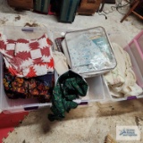 Three totes of throws, quilting pieces and linens