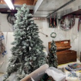 Large lot of Christmas decorations including 7 ft Christmas tree, approximately 5 ft Christmas tree,