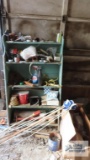 Blue and red driveway markers, trimmer string, downspout connectors, and wooden shelf