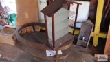 Glass and wooden knick knack shelf, candle sconce, plastic coat hangers and coffee table frame