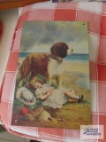 Guarding reproduction dog with girl metal wall hanging
