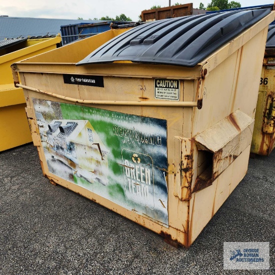 4 YARD FRONT LOAD METAL DUMPSTER WITH PLASTIC LIDS.