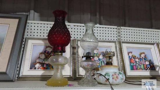 Lot of two oil lamps and one electrified lamp, missing shade