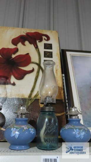 Lot of two floral oil lamp bases and one mason jar oil lamp