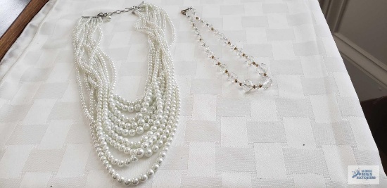 Crystal beaded choker 33.3 G and costume jewelry multi-strand pearl necklace 166.3 G