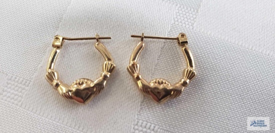 Gold colored Claddagh...earrings 84 G, marked14K JCM,...one has dent in heart