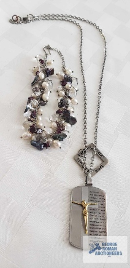 Costume jewelry beaded bracelet and Our Father dog tag necklace