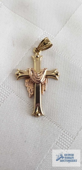 Gold colored cross with rose gold cloth draped over 1.5 G, marked BC 10K