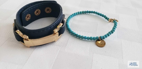 Turquoise beaded bracelet marked...B, 5.8 G, and blue leather bracelet