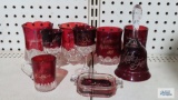 Antique cranberry World's Fair glass bell, Father 1936 ashtray, and...etched glasses