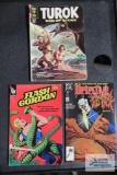 Comic books including Turok,...Son of Stone 1963. 1980s Comics Flash Gordon and Detective Comics.