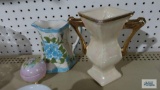 Mother of pearl vase, hand painted pitcher, and trinket box