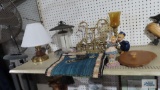 Small brass desk lamp, bird feeder, candle holder, brass key holder,...rooster table runner, Holland
