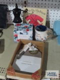 Fuzzy Red Bathrobe book, Mom Strong mug with box, and ceramic serving board with spreader