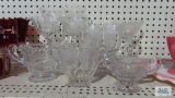 Cambridge style etched glass stemware, creamer and sugars