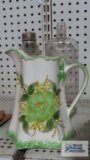 Green and yellow painted floral pitcher made by Cash Family hand-painted Erwin, Tennessee