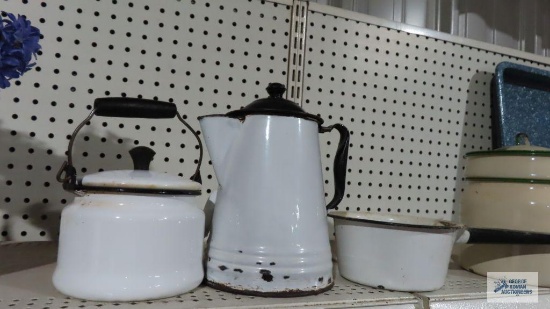 Ironstone coffee pot, tea kettle and pan