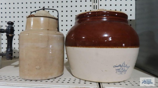 Brownware number 3 crock with lid and antique crock, has damage